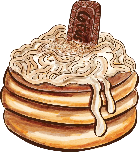 Ilustración en acuarela de los Pancakes Spaguetti: una torre de pancakes cubierta de hilos de crema y una galleta
